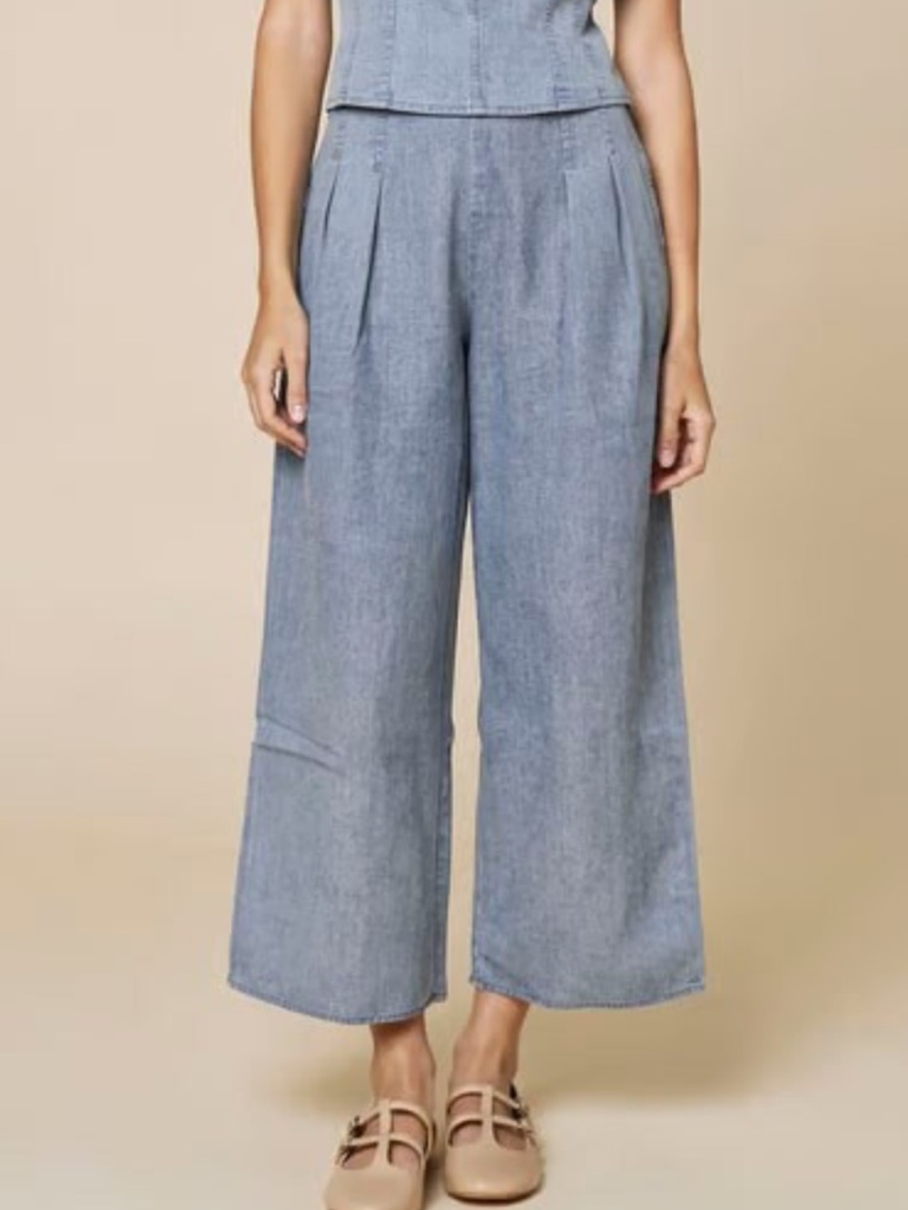 Women’s Light Blue Chambray Wide-Leg Cropped Pants-NEW